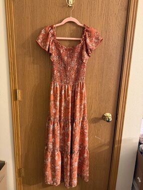 Max Studio Rust Floral Maxi Dress with Smocked Bodice